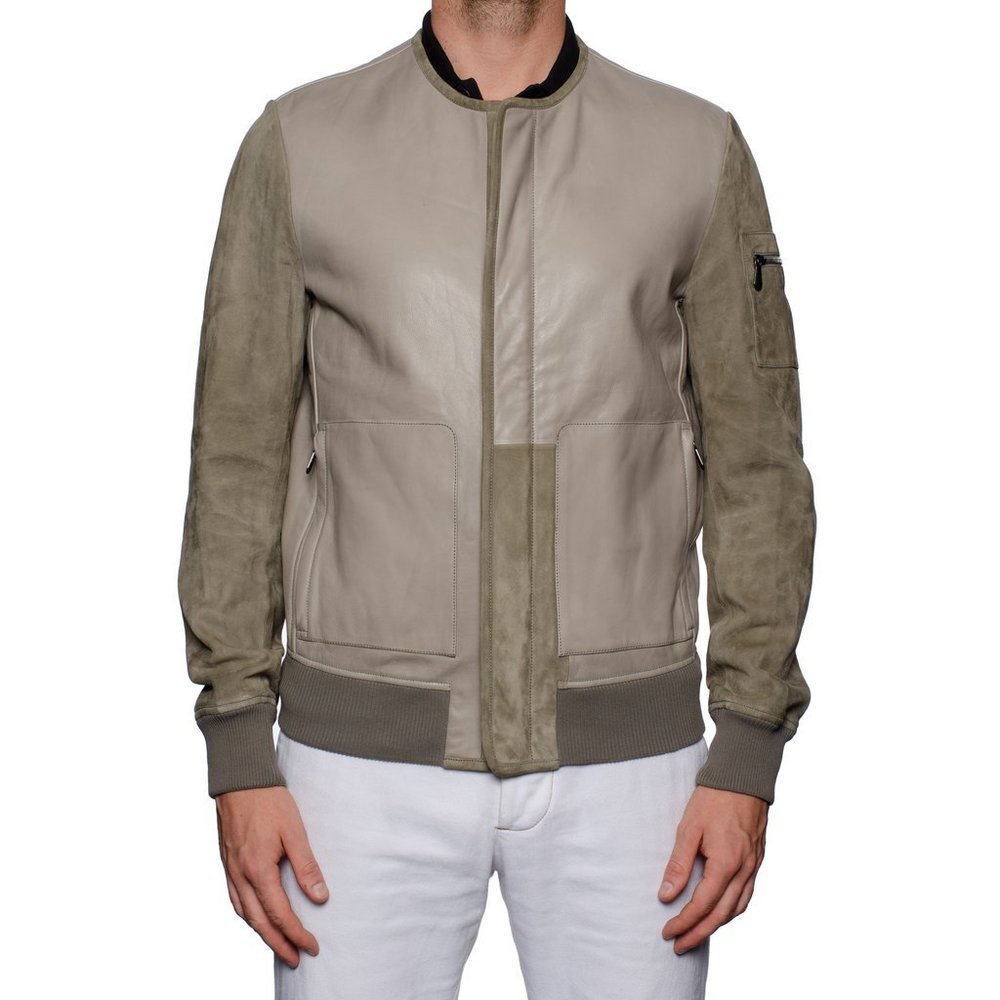BOTTEGA VENETA GRAY TAURUS LEATHER BOMBER JACKET WITH VELVET LINING 54 US M